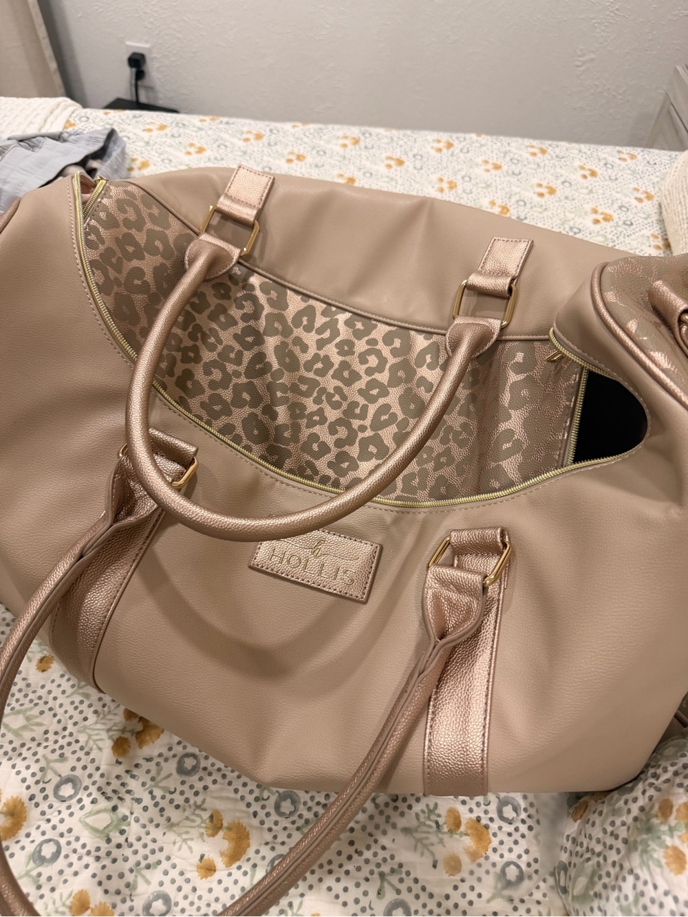 Rose Taupe Leopard-Accent Travel Duffle Bag